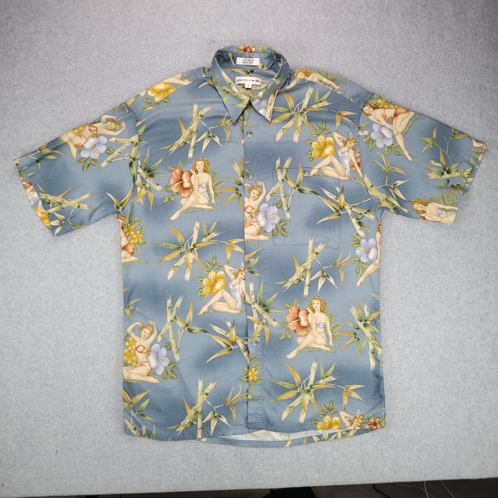 Pierre Cardin Button Down Shirt Mens M Blue Pin-up Girl Bamboo Rayon Tropical‎